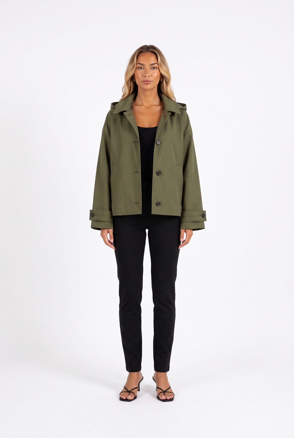 Army green oversized hooded cotton-twill jacket — front