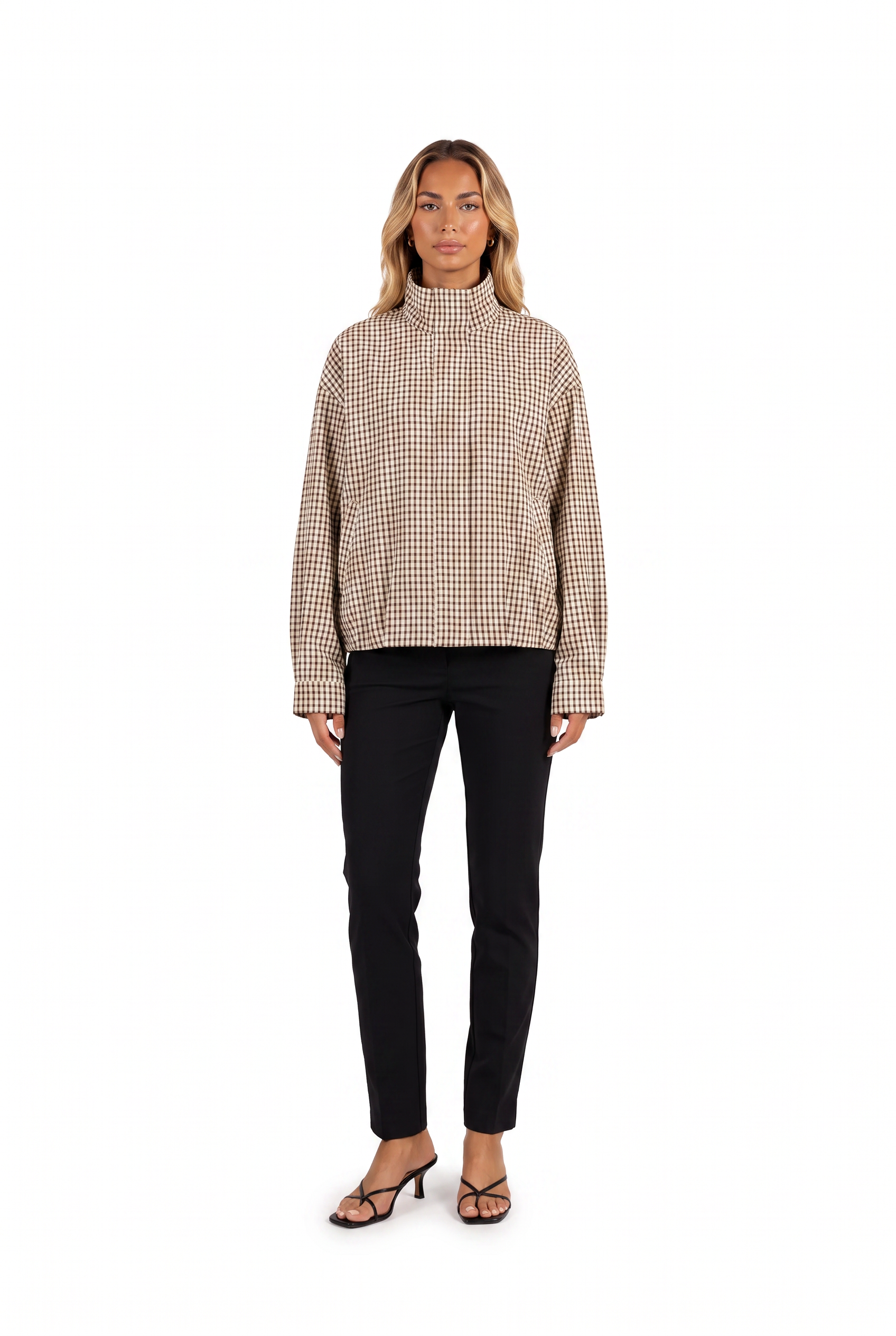 Brown gingham stand-collar cropped shacket — front