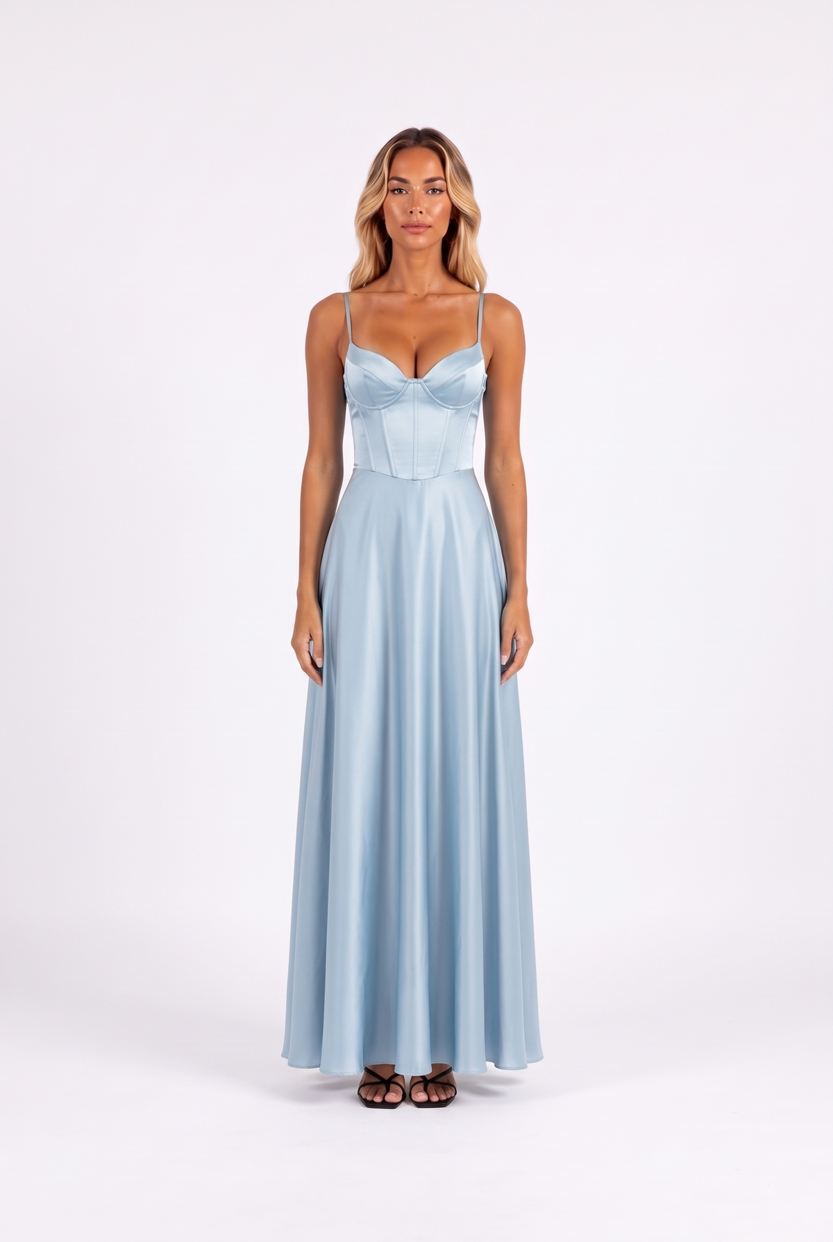 Satin corset lace-up-back maxi dress in Light Blue — front